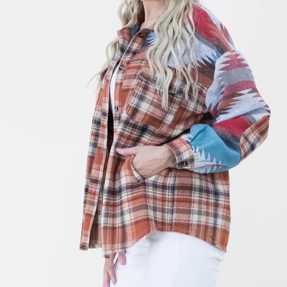 🆕Aztec Shacket Shirt Jacket Plaid Button Down Pockets Sm/Med & Lg/XL Available - Picture 4 of 13
